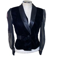 Vintage R&amp;K Evening Black Velvet Sheer Sleeve Tailored Blazer Size 6 Petite - $41.36