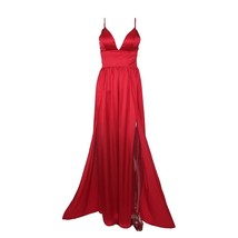  Deep V Neck Backless Maxi Dress 2 High Splits Red Satin Floor Length Open Back  - £74.56 GBP