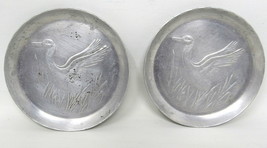 2 Geese Coasters Hammered Embossed Aluminum 3&quot; Vintage Cattails US Seller C - £9.61 GBP