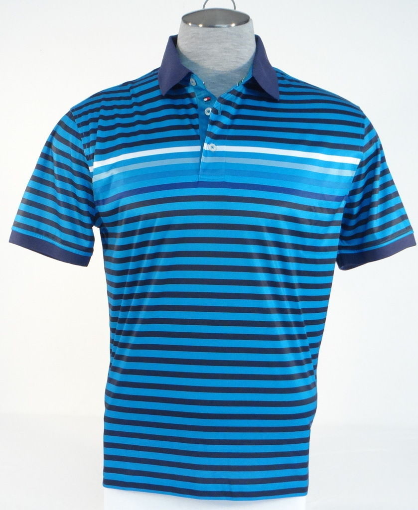 Tommy Hilfiger Golf Blue Black & White Stripe Short Sleeve Polo Shirt Mens NWT - $94.99