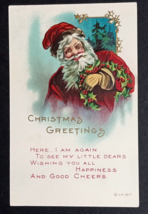 Christmas Greetings Santa Holding a Holly Wreath Embossed JP Postcard 1917 - $12.99