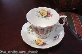 Royal Albert England footed cup &amp; saucer, pink, yellow roses &amp; gold[a*5-b2] - £43.02 GBP