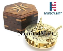Nautical Solid Brass Round Sundial Compass with Design Rosewood Box, Brass - £23.30 GBP