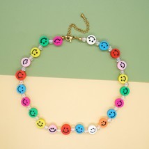 Go2BoHo Multicolor Smiley Necklace Crystal Clear Acrylic Beads Flat Boho Clay Ha - £13.45 GBP