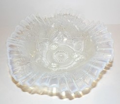 Vintage Northwood Art Glass Lattice &amp; Medallions White Opalescent 3-TOED Bowl - £34.81 GBP