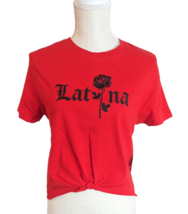 Vibe N Womens Red &quot;Latina&quot; Rose Embroidered Front Tie Baby Tee T-shirt Top - £5.86 GBP