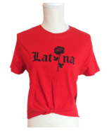 Vibe N Womens Red &quot;Latina&quot; Rose Embroidered Front Tie Baby Tee T-shirt Top - £7.85 GBP