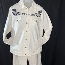 Soft Denim Set Size 1X White Embroidered Snap Jacket Jeans 37x29.5 Vintage 80s - £31.41 GBP