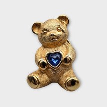 Blue Crystal Heart Small Bear Brooch Pin Signed Avon Gold Tone Vintage F... - £7.05 GBP