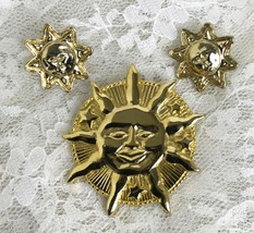 Vintage Sun Brooch &amp; Earrings Set Goldtone   Pin 2&quot; in Diameter Earrings 1&quot; Diam - £7.68 GBP