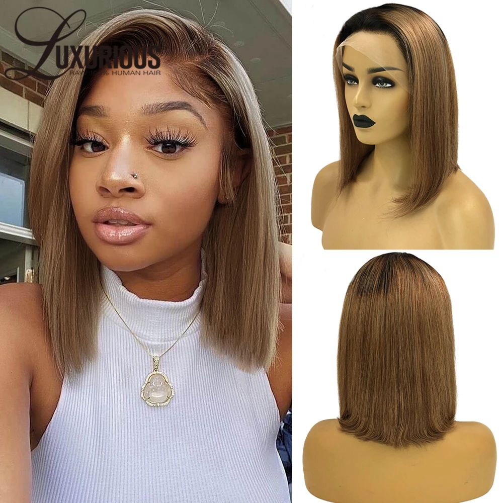 LUXURIOUS #1B Ombre Brown Colored Short Bob Wig Remy Human Hair Glueless Honey - £63.18 GBP+