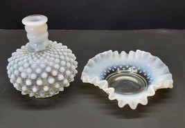 Vtg Fenton Hobnail Opalescent Glass Vase Jar Bottle With Matching Dish - $33.87