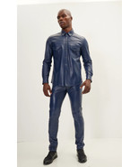 Lambskin Genuine Biker Men&#39;s Pant Blue Trousers Leather Stylish Casual O... - $158.23 CAD+
