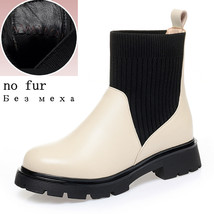 Women Winter Boots Genuine Leather Fashion Women&#39;s Chelsea Boots Stretch Fabric  - £77.75 GBP