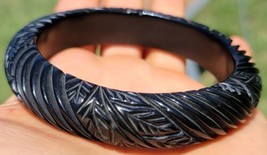 Black Bakelite Bangle Bracelet Deeply Carved Leaves Design 38 Grams VINT... - £101.21 GBP