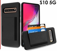 For Samsung Galaxy S10 5G -BLACK Hard Hybrid Armor Credit Card Pocket Case Cover - £12.70 GBP