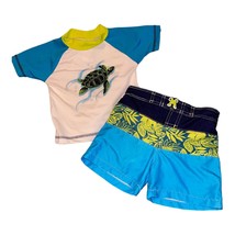 Lily &amp; Dan Boy 2T Turtle Swim Suit Trunks Short Sleeve Rash Guard Top Blue Green - £10.26 GBP