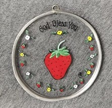 Round Strawberry Theme Sun Catcher God Bless You Medallion Ornament Glass Metal - £4.25 GBP