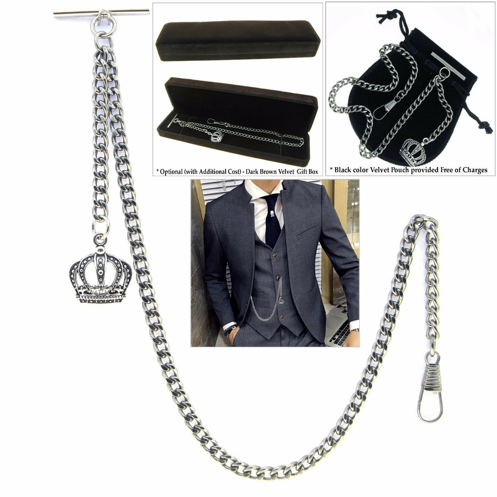 Albert Chain Silver Color Pocket Watch Chain for Men Crown Design Fob T ... - $12.50+