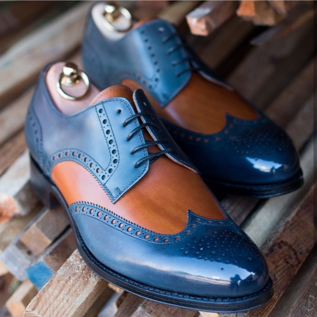 Men Oxford Blue Brown Cont Brogue Toe Wing Tip Genuine Leather Shoes US 7-16
