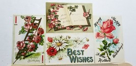FOUR ANTIQUE 1910s POSTCARDS Birthday Greeting EMBOSSED ROSES Mica Glitt... - $5.85