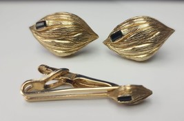 Vintage Swank Set Cufflinks Tie Bar Clip Gold Tone Black Onyx Brushed Nu... - $18.99