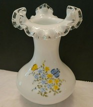 Fenton Ruffled Silver Crest Vase Hand Painted - $61.36