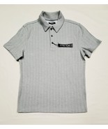 Small ALFANI Stretch Casual Grey Heather &amp; White Striped Polo Shirt 36&quot; - £10.90 GBP