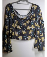 Black Yellow Floral Off Shoulder Ruffle Flutter Flare Sleeve Cropped Blo... - $21.50 CAD