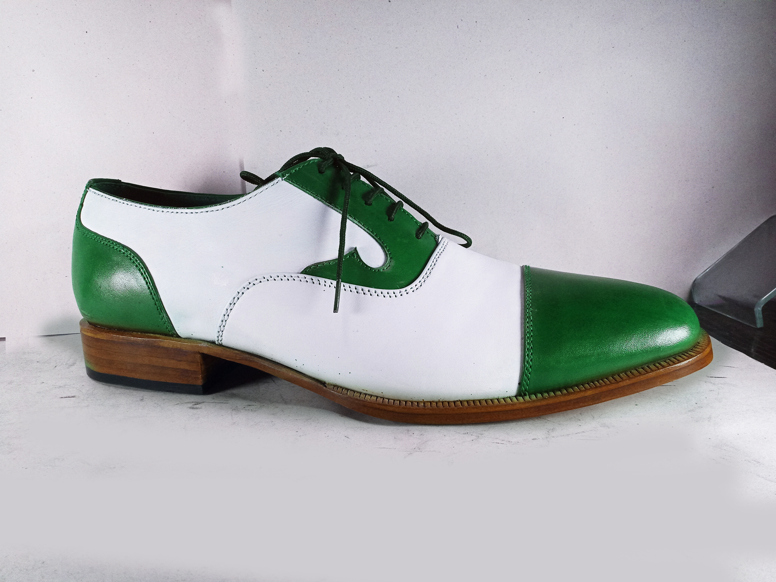 New Handmade New men's White Green leather shoes, Men's Lace Up Cap Toe Dress sh