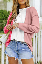 Pink Waffle Knit Exposed Seam Leopard Colorblock Print Top - £16.05 GBP+