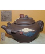 Vintage 3.25" Yixing Zisha Teapot Brown carved monkies fruit Vintage asi... - $85.49