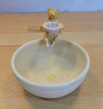 Pottery Trinket Bowl Dish With Brown Bear Figure Holding a Bowl Clay Handmade - £12.70 GBP