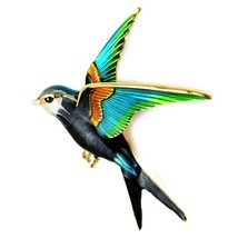 Flying Swallow Pin 2&quot; Colorful Swift Bird Brooch Gold Blue Green Teal Enamel - £7.04 GBP