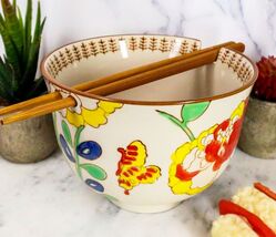 Japanese Design Ceramic Ramen Noodles Bowl &amp; Chopsticks Set Spring Flowe... - $20.99