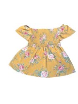 MONTEAU Size Small Mustard Yellow Floral Print Top Off Shoulder Smocked Gauzy - £9.72 GBP