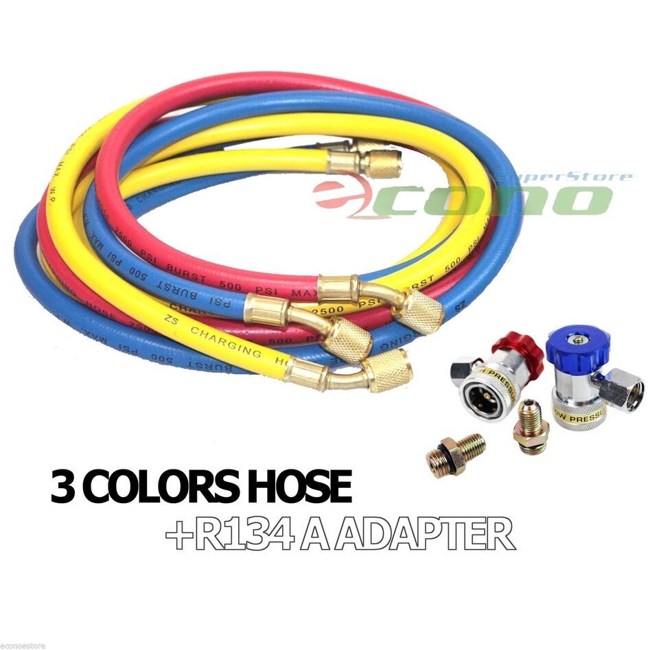 HVAC R12 R134A R22 CHARGING TESTING 3 COLOR HOSES W/ HIGH LOW QUICK ADAP... - $28.04