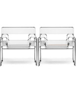 2x Ivory Off-White Leather Strap and Chromed Steel Bent Tube Frame Lounge Chairs - $969.89