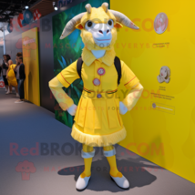 Lemon Yellow Goat mascot costume character dressed with a Mini Skirt and Lapel p - £998.71 GBP