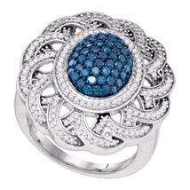 10k White Gold Round Blue Color Enhanced Diamond Cluster Antique-style Ring 1.00 - £679.42 GBP