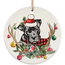 Cute Black Puppy Pitbull Dog With Antlers Reindeer Flower Xmas Ornament Gift - £13.11 GBP