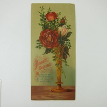 Victorian Greeting Card LARGE Red Flowers Pink Rose in Gold Vase Antique... - $10.99