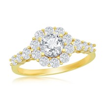 Sterling Silver Round Halo CZ Flower Design Engagement Ring - Gold Plated - £24.29 GBP