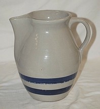 Vintage Stoneware Crock Pottery Pitcher Salt Glazed Double Cobalt Blue Bands d - £58.83 GBP