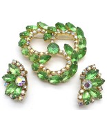 Vtg Estate Parure Lime Green AB Pin 2.5&quot; Brooch &amp; Earring Set Gold Tone ... - $65.55