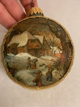Krebs Masters on Silk Christmas Ornament, 3&quot; Village Scene, Glitter Ornament - £17.91 GBP