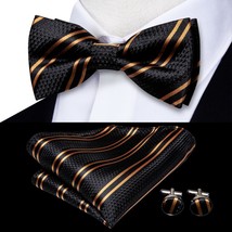 Hi-Tie Jacquard Silk Black   Mens Bowtie Adult Bow Tie Hankerchief Cufflinks Set - £43.27 GBP