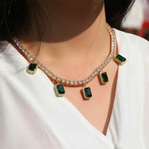 23.40CT Simulated Emerald  Halo Tennis Necklace 925 Silver Gold Plated - £190.02 GBP