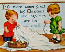 Christmas Postcard Whitney Children With Scissors Make Big Stockings Vintage - £5.44 GBP