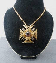 Vtg Florenza Maltese Cross Brooch Pendant Antiqued Gold Tone Amber Rhinestone 2&quot; - £135.09 GBP